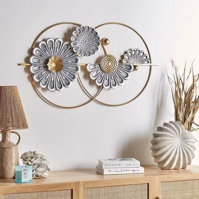 Wyld and Coco Handmade Gold and Grey Metal Wall Art with Geometric Floral Design and Two Round Circles