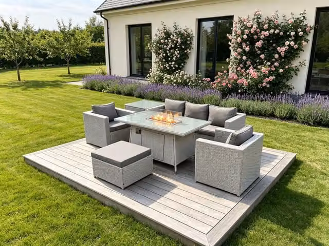 Fimous Rattan Garden Furniture Set with Gas Fire Pit, 3-Seater Sofa, Armchairs, Ottoman and Side Table in Light Grey
