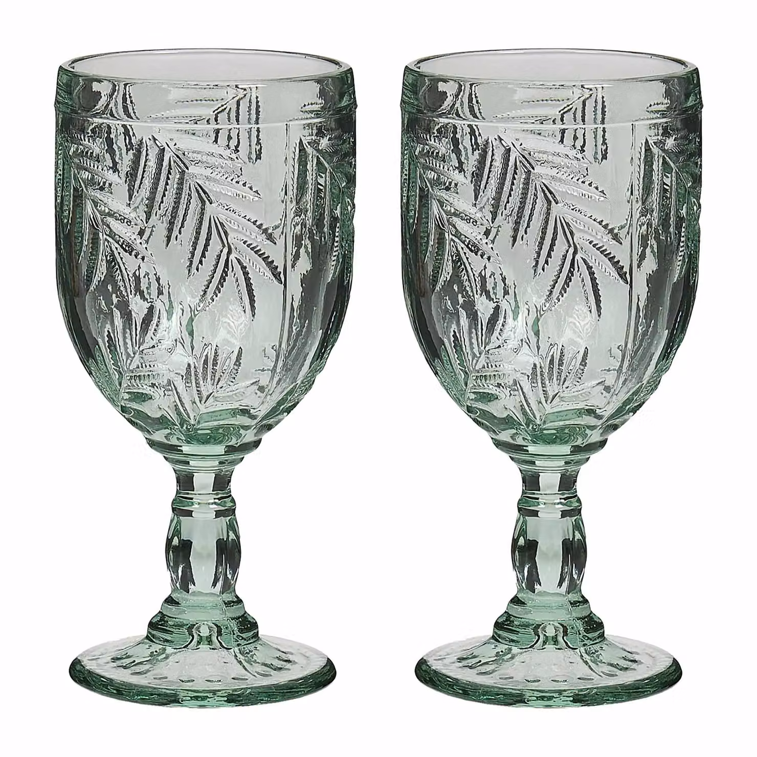 Dibor Set of 2 Laurier Green Embossed Leaf Wine Goblets, 320ml per glass – 2