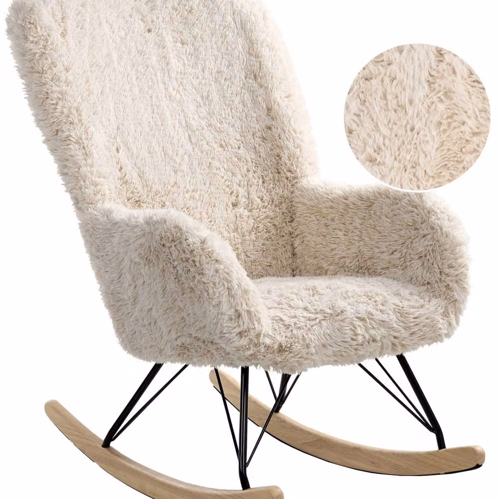 Wyld and Coco Light Beige Faux Fur Rocking Chair with Rubberwood Legs and Castors – 2