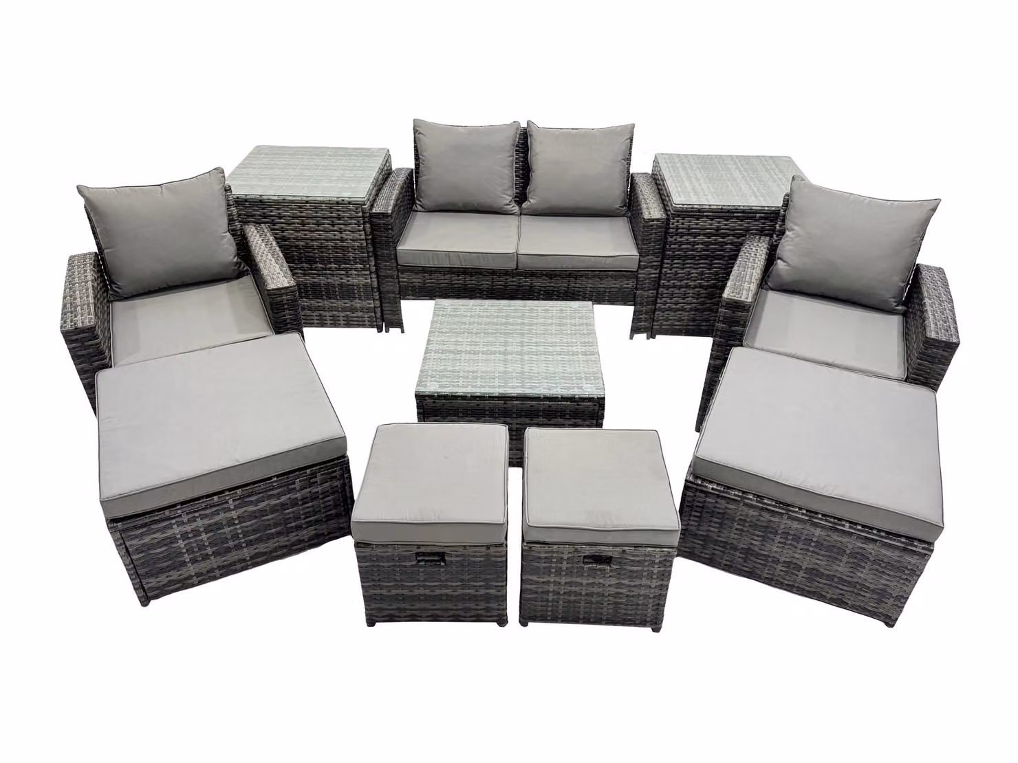 Fimous Lounge Sofa Coffee Table Set with 2 Side Tables and 4 Footstools in Dark Grey Rattan and Metal with Glass Top – 2