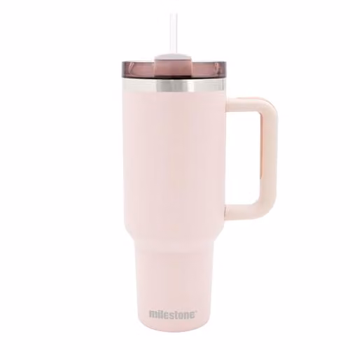 Milestone Camping 40oz Stainless Steel Insulated Tumbler with Straw, Handle and Lid in Pink