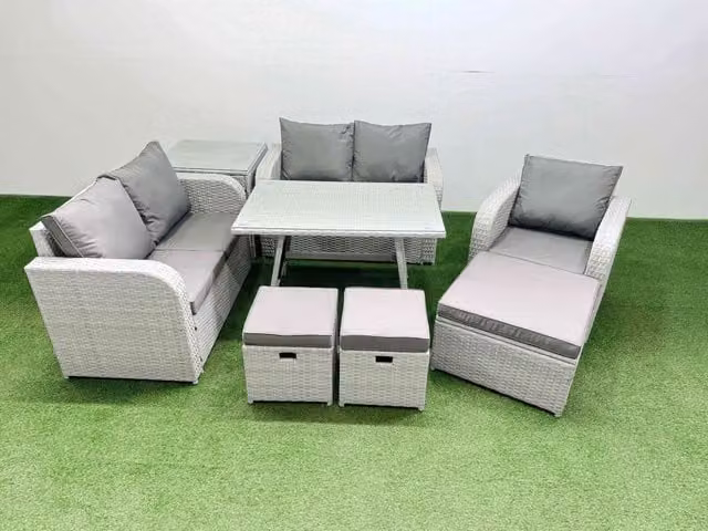 Fimous 8 Seater Rattan Garden Furniture Set with Love Sofa and Reclining Chairs in Light Grey