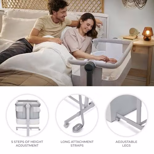 Kinderkraft Nestee UP 2 Co-Sleeping Cot in Grey with Birth Mattress and Height Adjustment – 4