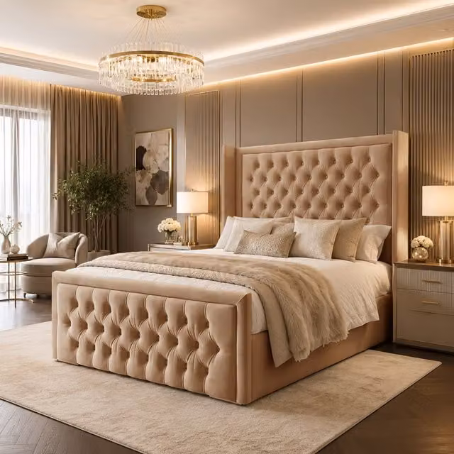 Desire Deco Chesterfield Upholstered Velvet Bed Frame in Orange and Beige, 140 x 200 cm