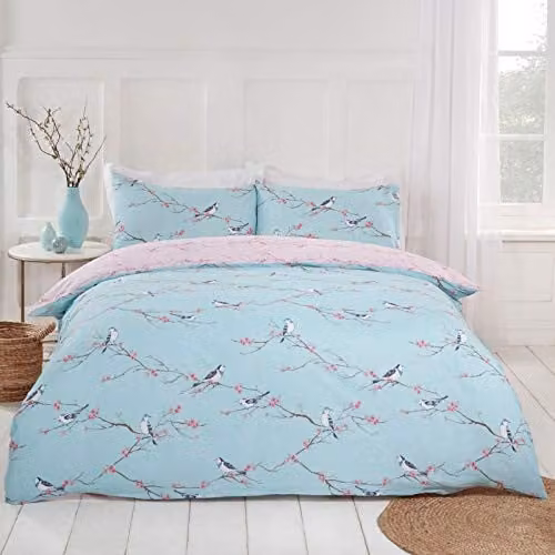 Dreamscene Reversible Floral Bird Print Duvet Cover and Pillowcase Set, Blue, 140 x 200 cm