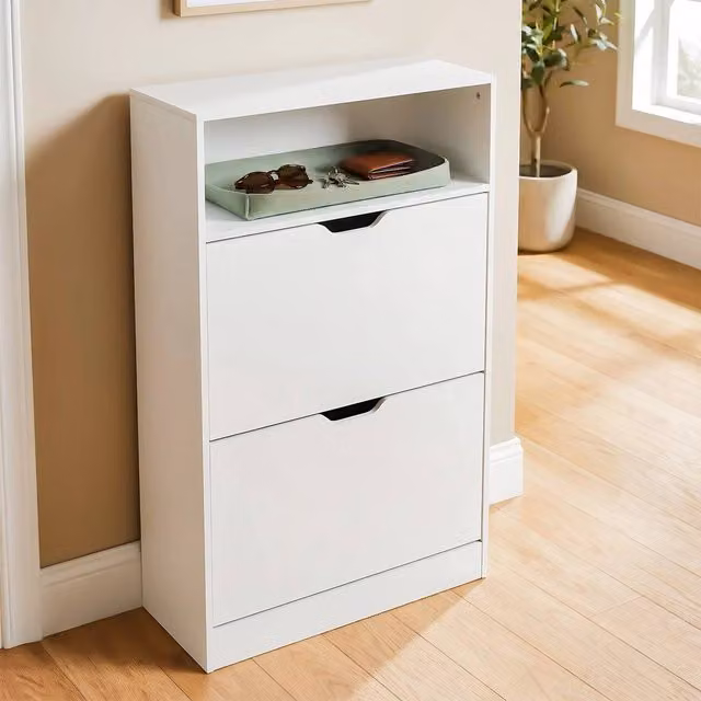 KORVIXA White 2 Drawer Shoe Cabinet with Open Shelf and Hinged Doors, W: 100 cm, D: 15 cm