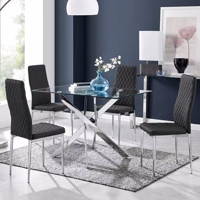 FurnitureboxUK Leonardo Modern Rectangular Glass and Chrome Metal Dining Table and 4 Milan Chairs Set in Black and Transparent