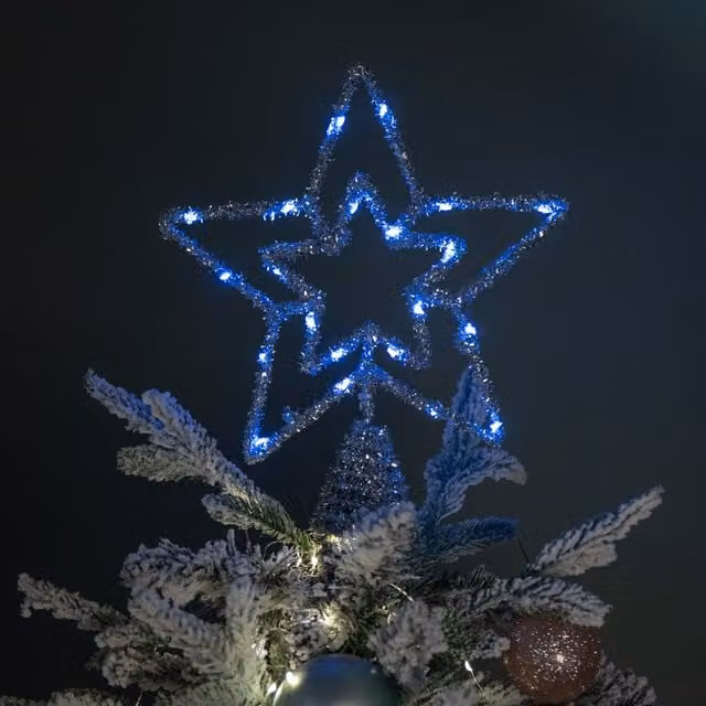 Samuel Alexander Silver Star Christmas Tree Topper with Blue Multi-Action LEDs, 28 cm