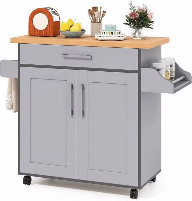 SPETLEK Grey Modern Kitchen Island Cart with 2-Door Storage and Lockable Wheels