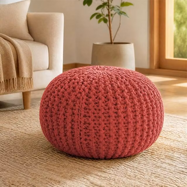 Bravich LTD Chunky Knitted Cotton Round Pouffe Footstool in Pink, Diameter: 50 cm