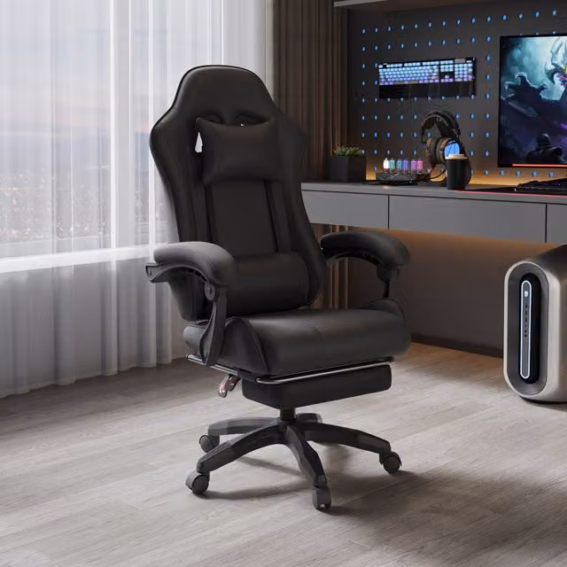 Livingandhome Black Synthetic Leather High Back Gaming Chair with Headrest and Footrest