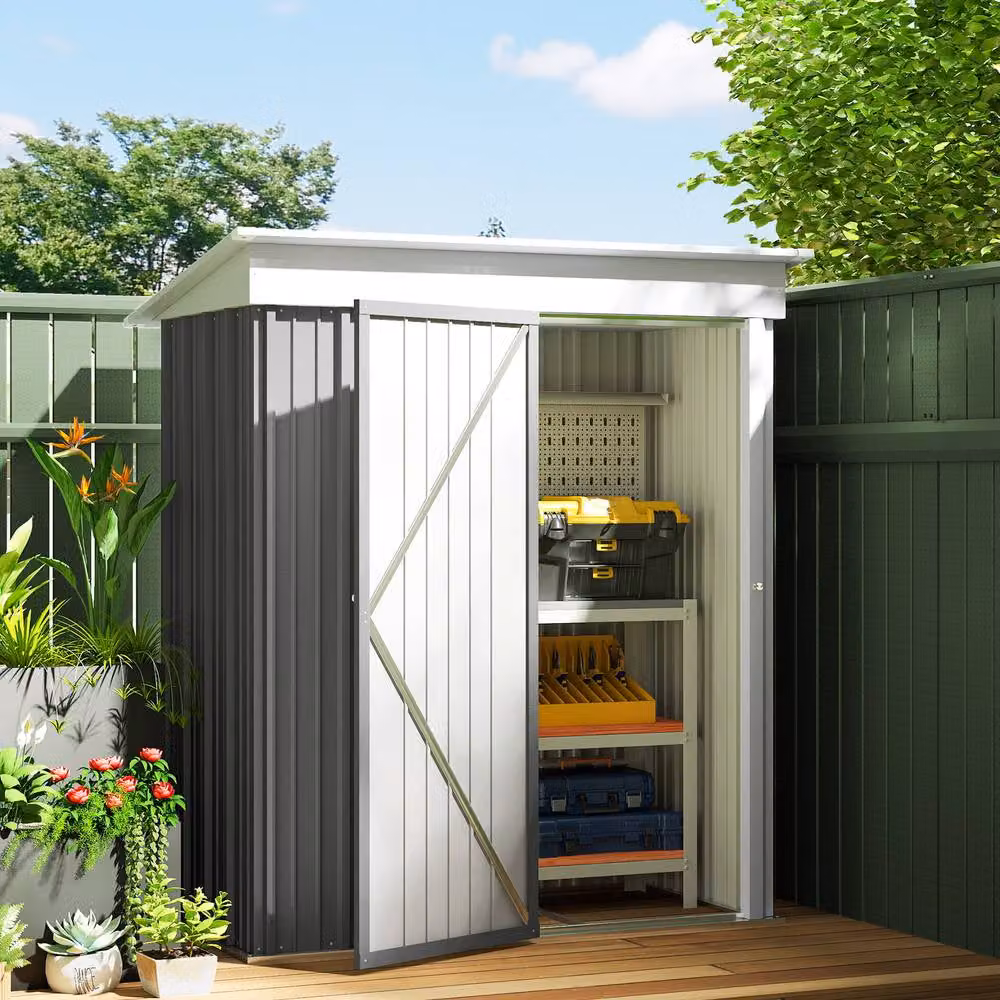 Rolipo Grey Metal Lean-To Pent Garden Shed with Shelving and Lock, W/D/H: 152.4 x 91.44 x 182.88 cm – 3