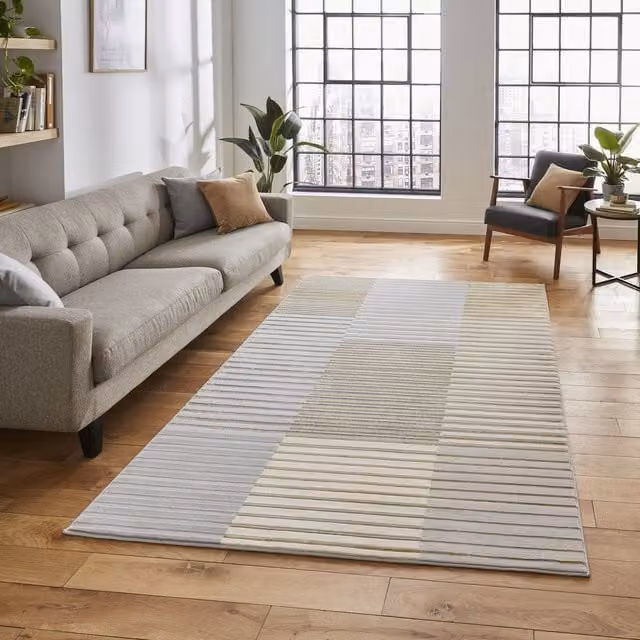 Terrys Modern Striped Machine Woven Rectangular Rug in Grey and Gold, W: 80 cm, L: 150 cm