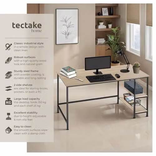 tectake Computer Desk in Oak with Brown MDF Laminate, W/D/H: 120 x 60 x 75.5 cm – 3