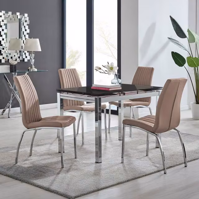 FurnitureboxUK Enna Black Glass Extending Dining Table and 4 Isco Chairs in Cappuccino