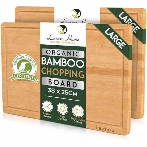 Lazzaro Brown Bamboo Chopping Board Set of 2, Reversible Rectangular Wooden Cutting Boards with Juice Groove, W: 38 cm, D: 25 cm, H: 2 cm – 1