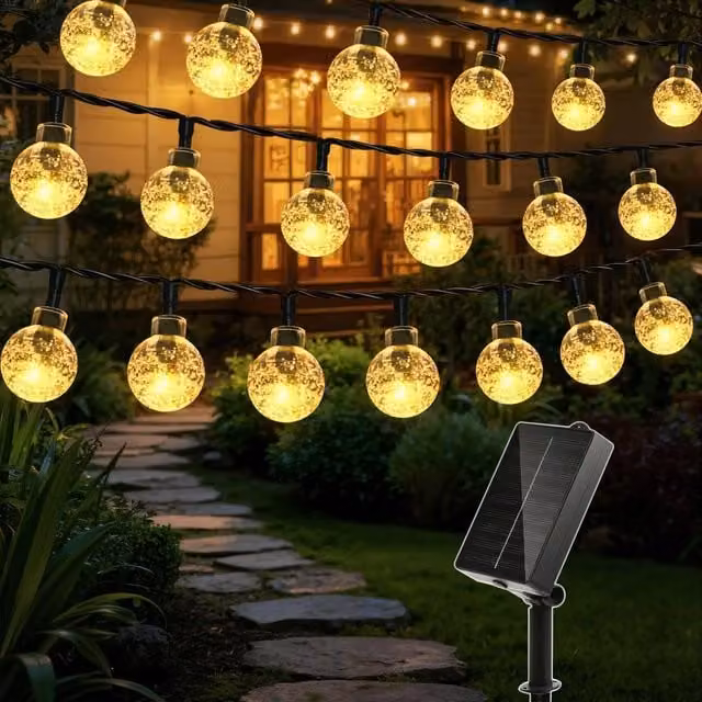 Ollny Warm White Solar String Lights with 100 LEDs, 12m Length, IP44 Waterproof, 8 Modes and Auto On/Off in Black