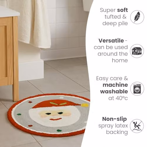Mooky Mats Round Christmas Bath Mat with Santa Design, Non-Slip and Absorbent, W/D/H: 70 x 70 x 0.3 cm, Multicolour – 3