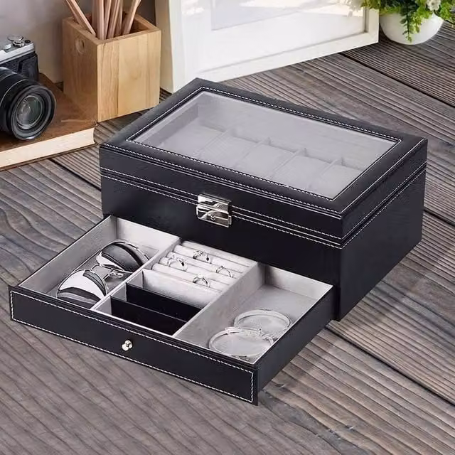 EONLION Black PU Leather Watch Winder and Storage Box with Glass Lid, W: 50.0 cm, D: 30.0 cm, H: 15.0 cm – 1