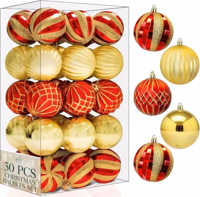 Pelle & Sol 30 Piece Red and Gold Shatterproof Christmas Bauble Set, 6 cm Round Plastic Hanging Decorations – 1