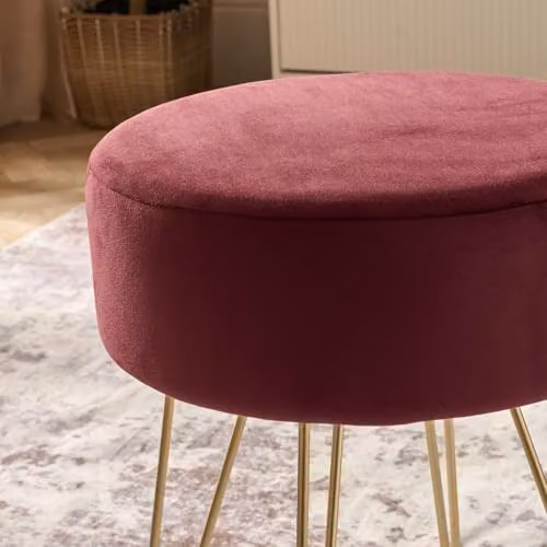 OHS Matte Velvet Round Dressing Table Stool in Dark Berry with Gold Metal Legs, W/D/H: 36 x 36 x 43 cm – 3