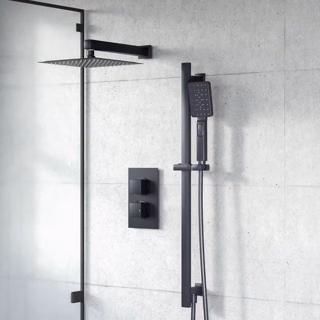 Nes Home Matte Black Exposed Thermostatic Mixer Shower Set with Overhead Shower, Handset and Slider Rail