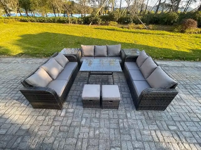 Fimous 11 Seater Rattan Garden Furniture Set in Dark Grey with Rectangular Dining Table, 2 Side Tables and 2 Footstools