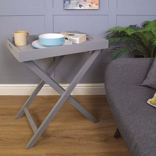 mysmartbuy Folding Butler Tray and Stand, Grey Wooden Side Table with Detachable Top, H77 x W60 x D40 cm