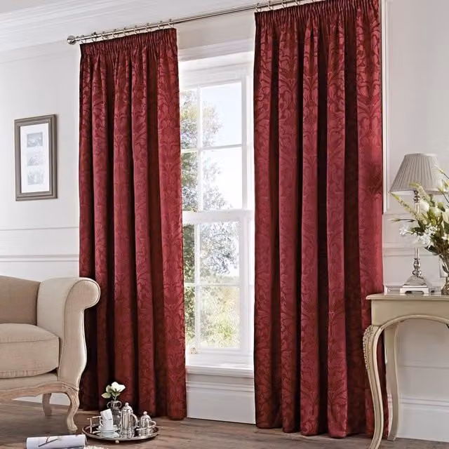 Terrys Eastbourne Ready Made Pencil Pleat Curtains in Red Floral Design