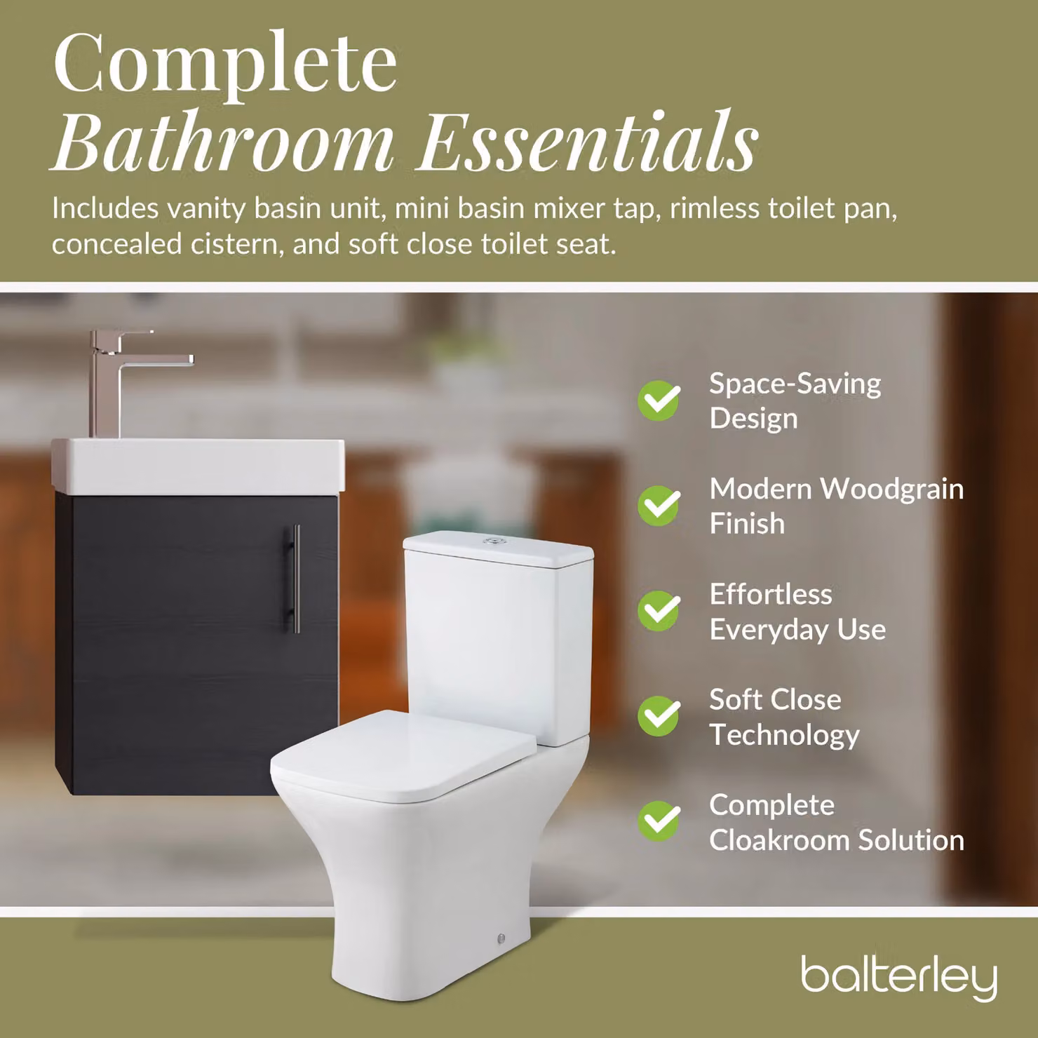 Balterley Wall Hung Vanity, Toilet, Cistern, Seat and Tap Set in Matt Charcoal Black and Grey with Chrome Details – 5