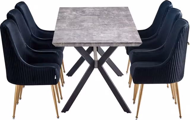Life Interiors Soho Blaze LUX Dining Set with Ceramic Table and 6 Black Velvet Upholstered Chairs with Gold Details