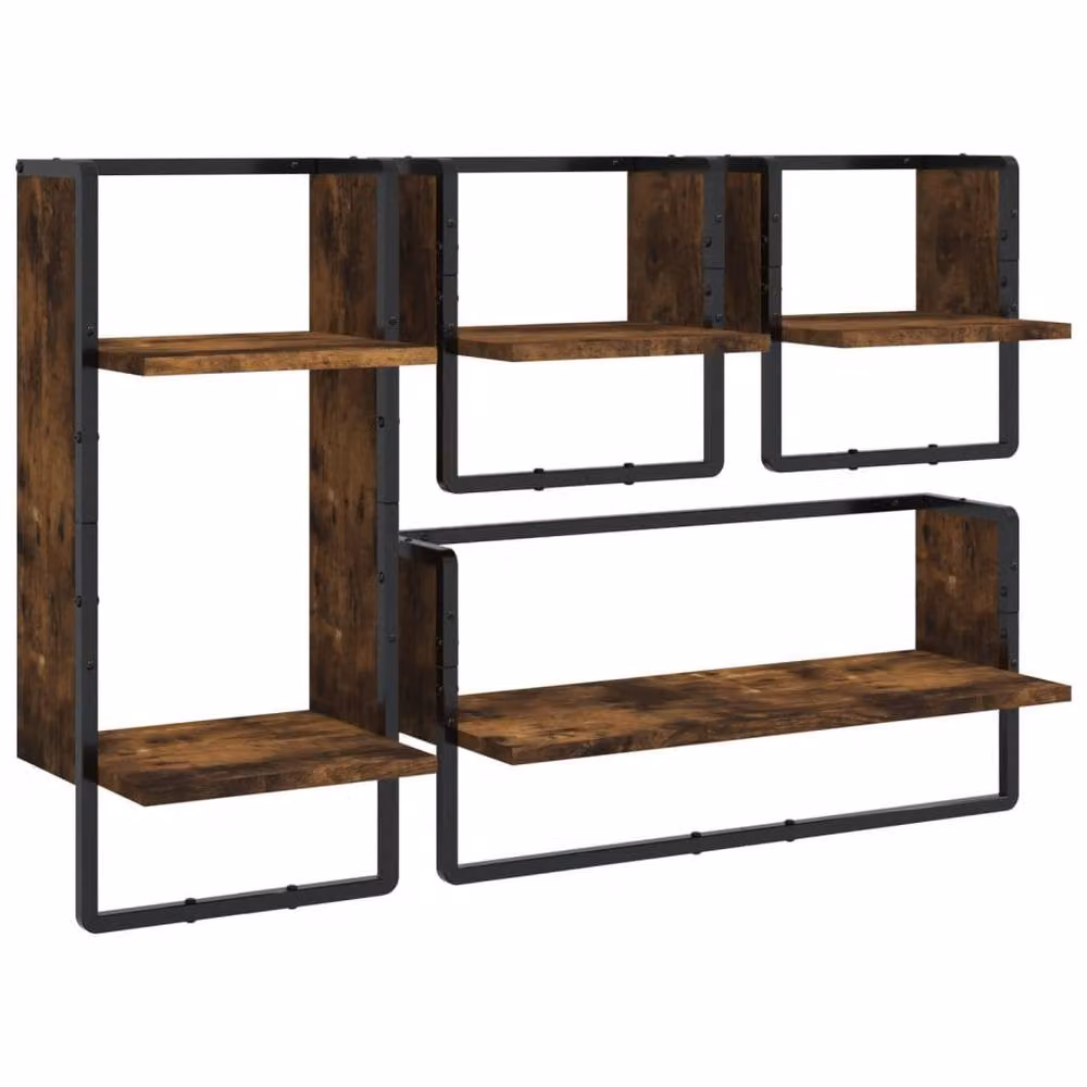 Berkfield Home 4 Piece Decorative Wall Shelf Set with Hanging Rods in Smoked Oak Brown – 3