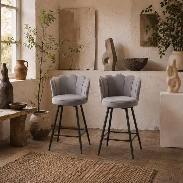 Wyld Haus Ramette Set of 2 Grey Velvet Lotus Style Bar Stools with Sculpted Seats and Metal Frames