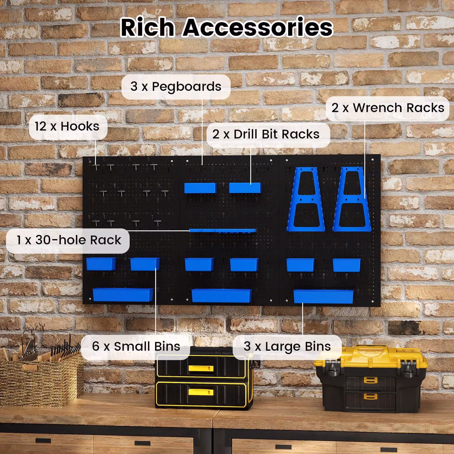 Costway Pegboard Wall Organizer with 9 Bins and Hammer Racks, Blue, W: 120 cm, H: 60 cm, D: 26 cm – 8
