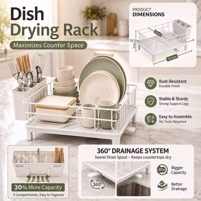 ATEK 1 Tier Stainless Steel Kitchen Dish Drainer Rack in White with Cutlery Holder