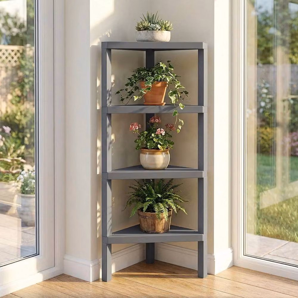 KORVIXA Modern 4-Tier Corner Display Shelf Storage Organizer in Grey – 5