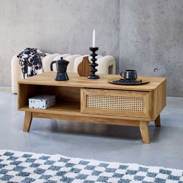 sweeek Mid-Century Rectangular Coffee Table with Sliding Door, Wood and Cane Effect, Brown, W/D/H: 110 x 59 x 40 cm – 1