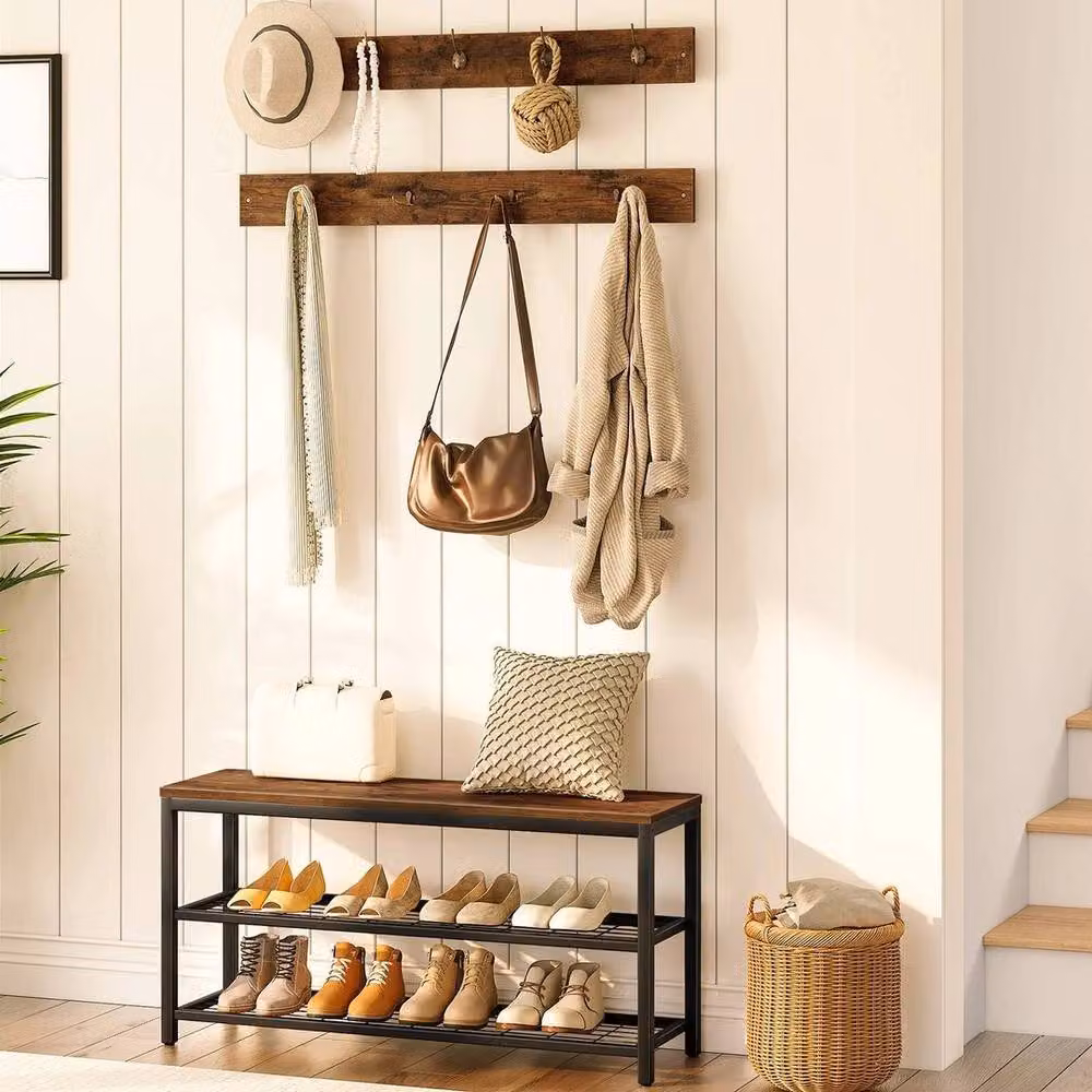 KORVIXA Hall Tree Coat Rack and Entryway Shoe Bench Set in Brown, W/D/H: 100 x 100 x 100 cm – 2