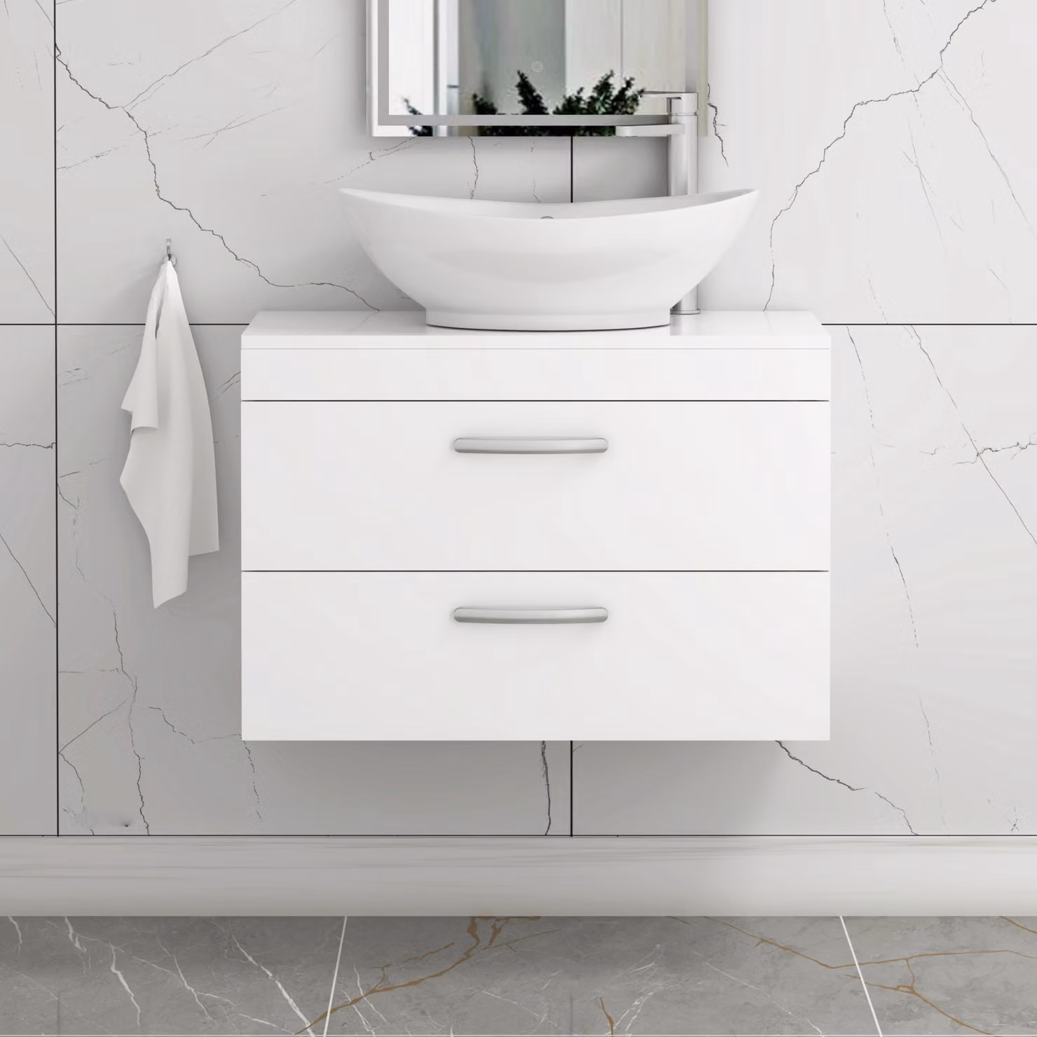 Royal Bathrooms Turin 600mm Wall Hung Gloss White Vanity Unit with 2 Drawers and Countertop Basin