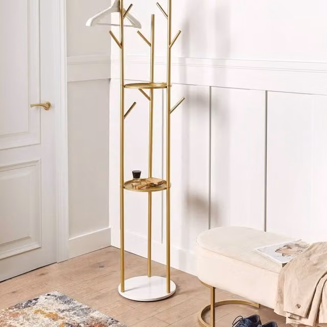 Wyld and Coco Gold Industrial Coat Stand with Marble Base and Shelves