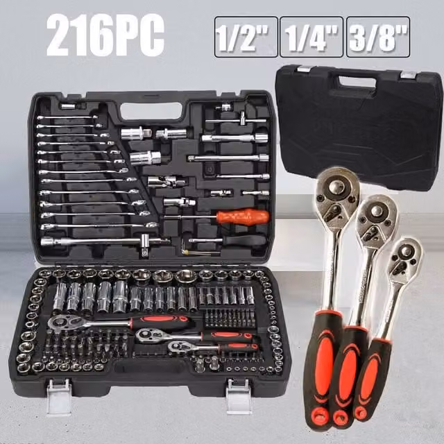 VOGREX 216-Piece Ratchet Socket Bit Set in Silver for Car Repair