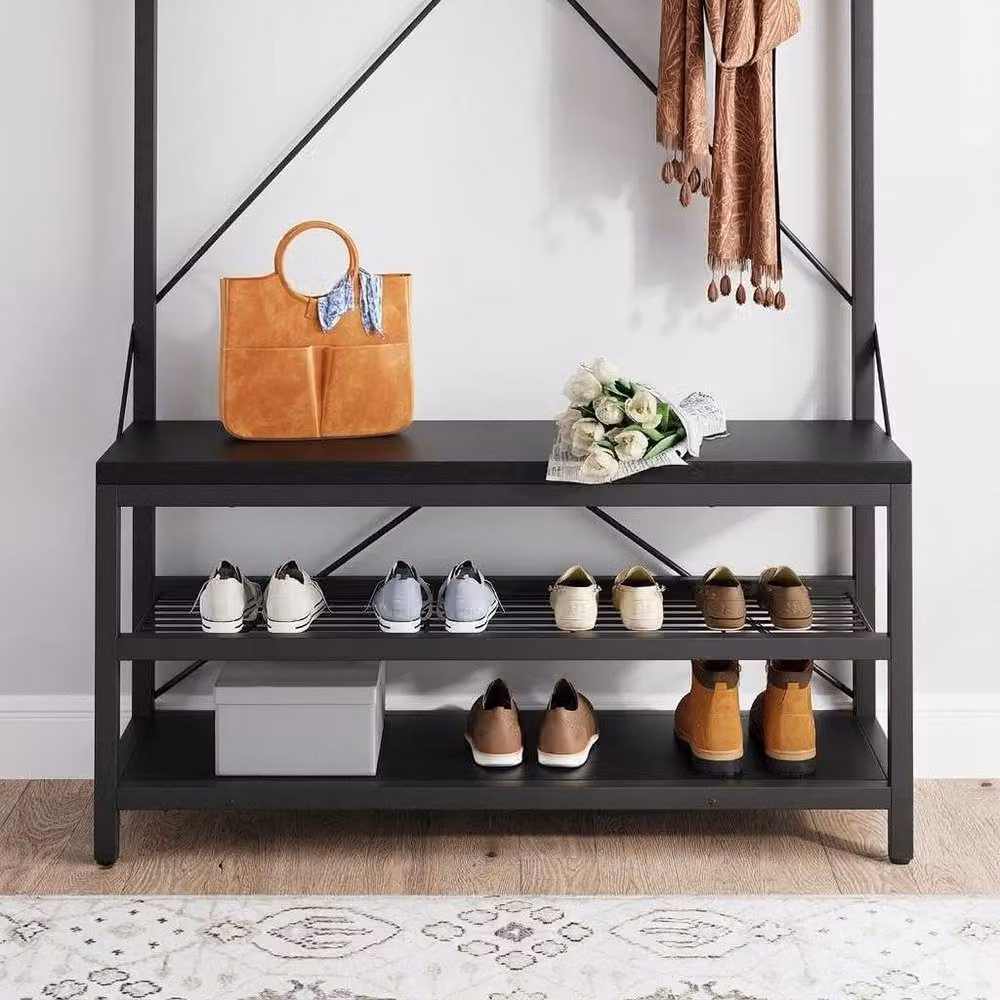 London Boutique Modern Hall Tree with Shoe Bench and 8 Hooks, Black, H 183 x W 136 x D 40 cm – 3