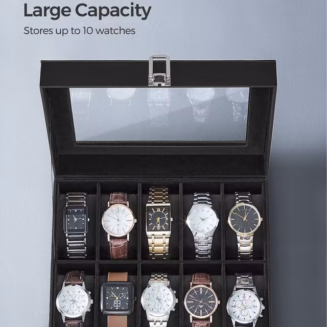 SONGMICS 10-Slot Watch Organiser Box with Glass Lid, Black