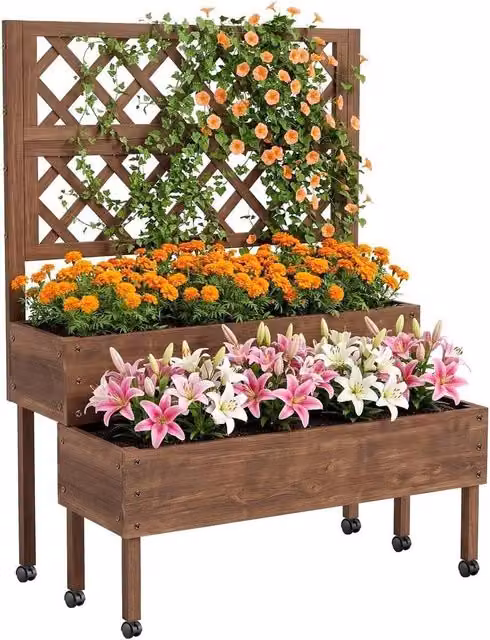 KORVIXA Wooden Raised Garden Bed with Trellis and Wheels in Brown – 1