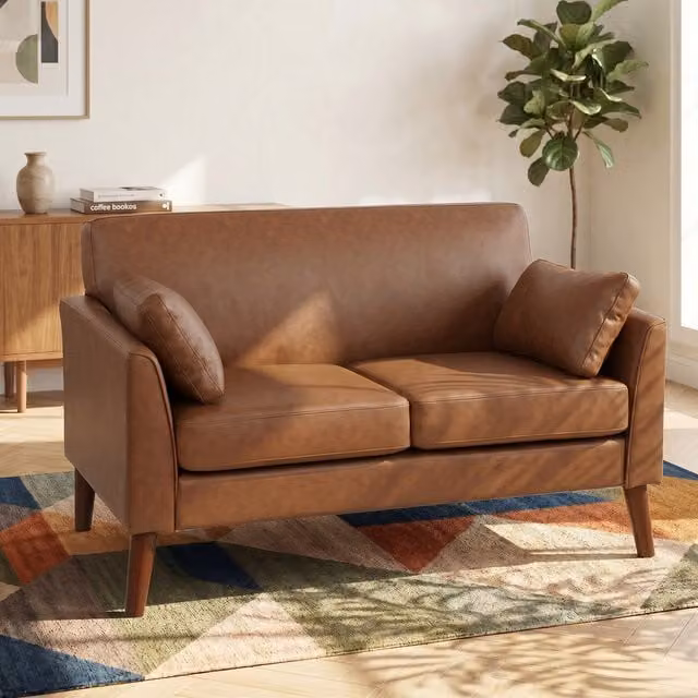 HOMCOM 2 Seater Modern Small Sofa in Brown Synthetic Leather with Solid Wood Legs, Width: 132 cm