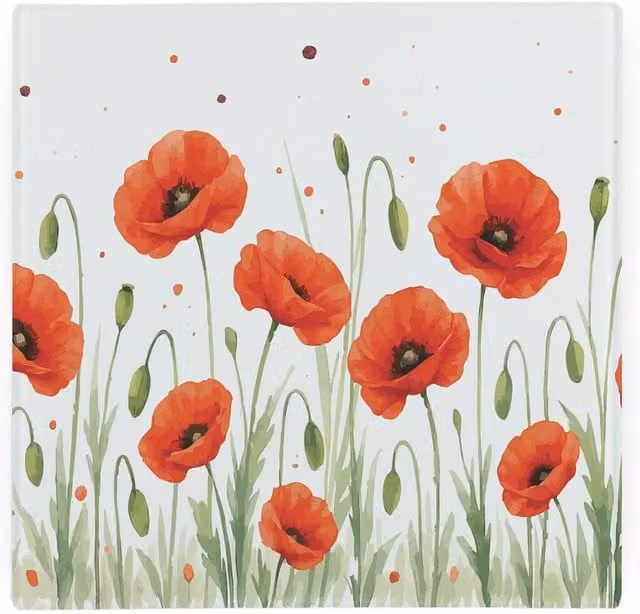 Purely Home Summer Poppies Glass Hot Pot Stand, Non-Slip Square Trivet in Red, Brown and Orange