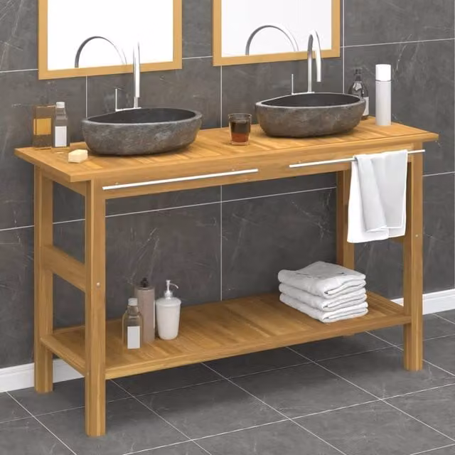 Berkfield Home Modern Freestanding Bathroom Vanity Cabinet with River Stone Sinks in Black Teak Wood