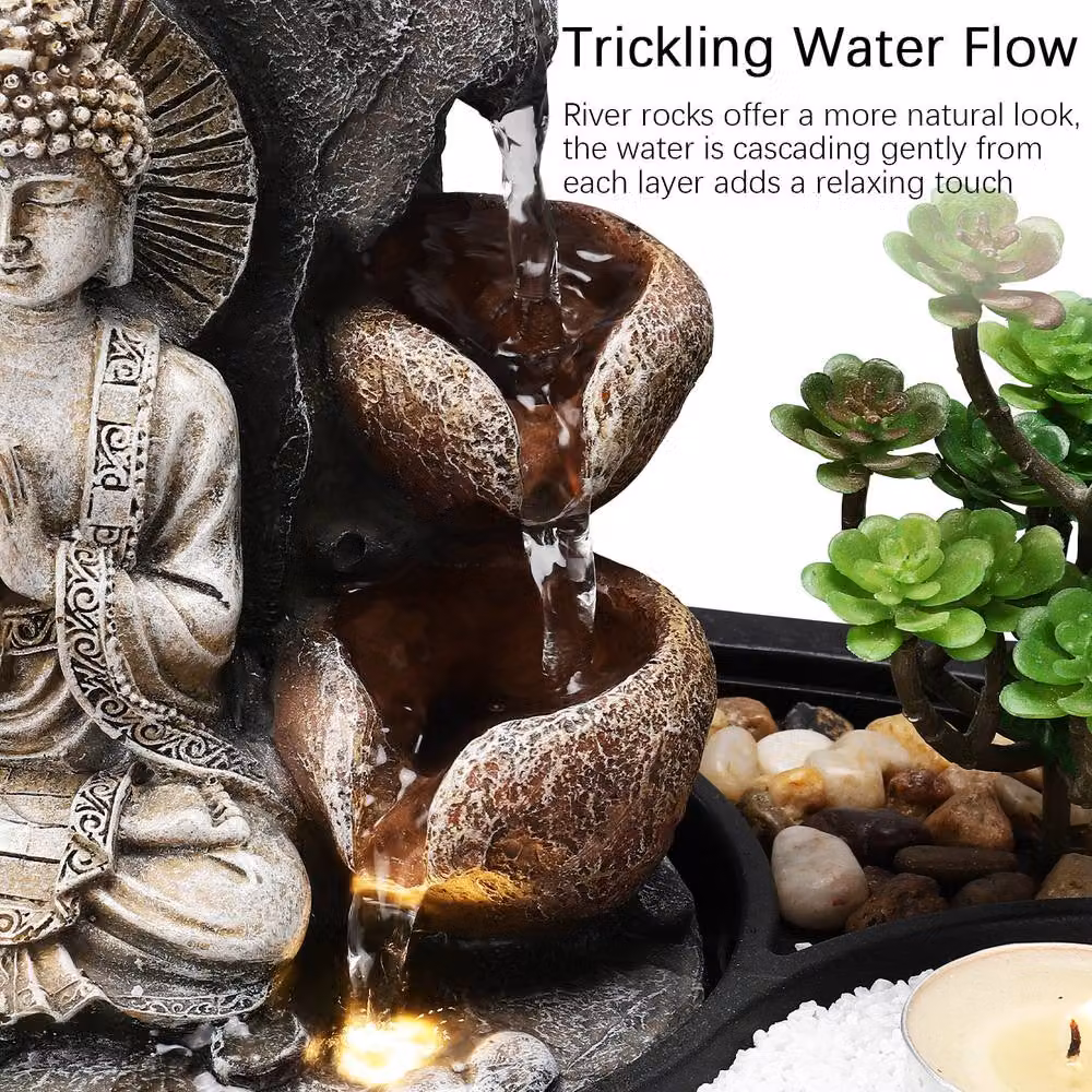 Living and Home Buddha Zen Tabletop Water Fountain with LED Light in Sand – 5