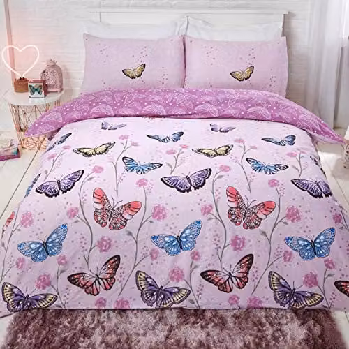 Dreamscene Butterfly Heaven Reversible Duvet Cover and Pillowcase Set, Purple and Pink, W/D/H: 200 x 200 x 50 cm